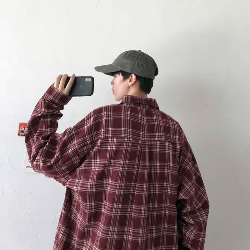 Áo sơ mi dài tay cổ bẻ in caro phong cách Hàn Quốc cá tính cho nam | BigBuy360 - bigbuy360.vn