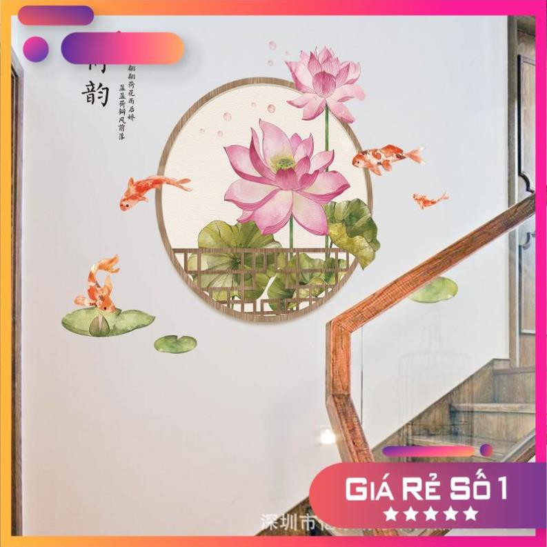 [GIÁ SẬP SÀN] Tranh dán tường 3D Hoa sen khung tròn phong cách Trung Hoa, Miếng dán trang trí phòng khổ lớn
