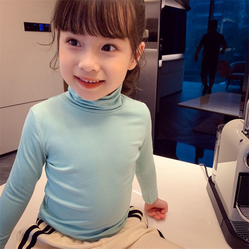 Áo thun tay dài cổ lọ màu trơn thời trang mùa thu nhiều màu tùy chọn cho bé gái