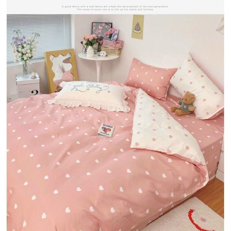 Trọn Bộ 4 Món Thương Hiệu 🌸EVILY🌸 Chăn Ga Gối Mền Cotton Poly-Mẫu TIM TRẮNG HÔNG Siêu Xinh Và Dễ Thương