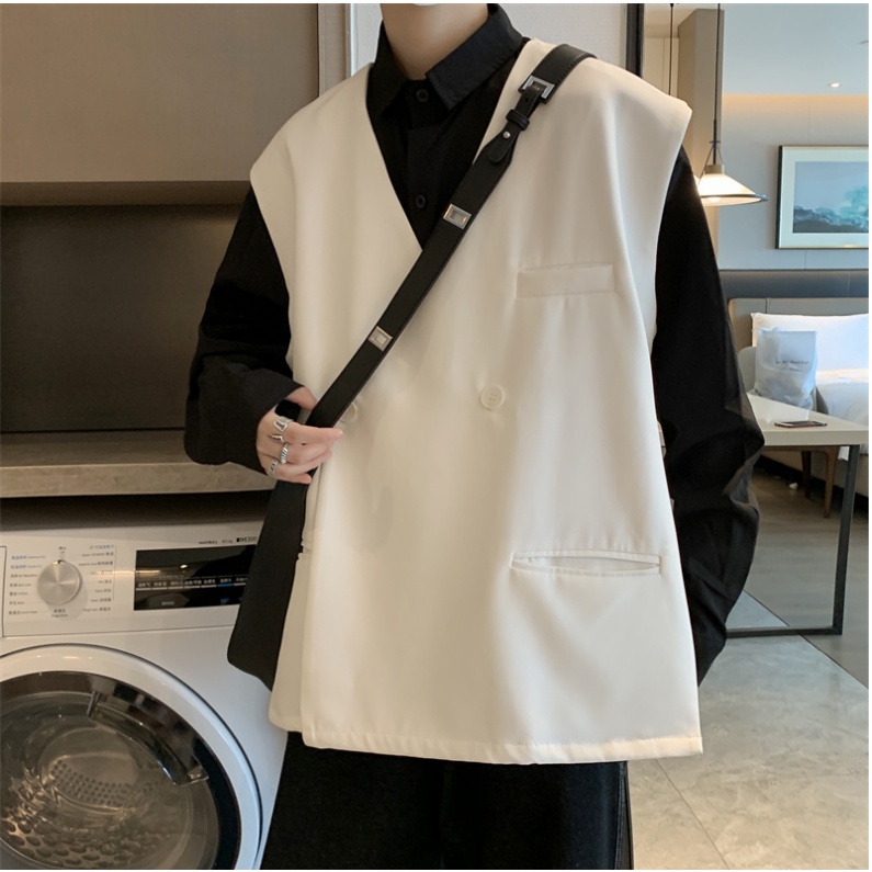Áo Khoác Vest Không Tay Dáng Rộng Màu Trơn Nhiều Túi Phong Cách Hàn Quốc Cho Nam