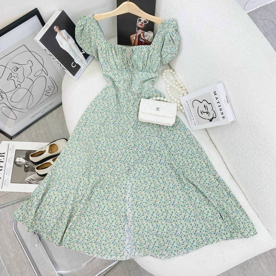 Đầm Midi nhún ngực hoa nhí xẻ tà tay phồng màu xanh NÀNG CLOSET