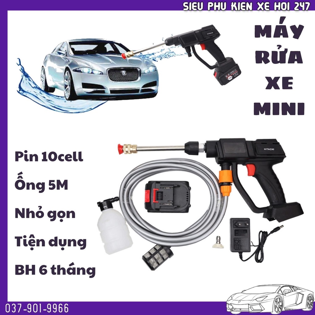 Máy rửa xe Hitachi dùng pin 10 cell nhiều chế độ có kèm bình xịt và ống nước dùng gia đình