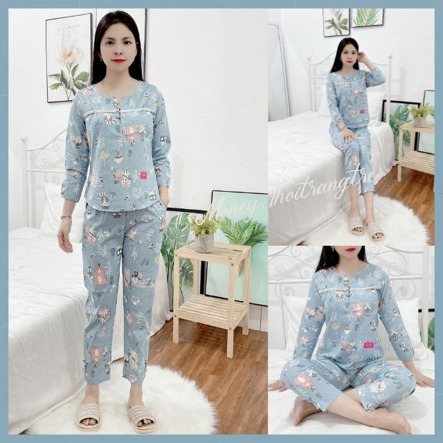 Đồ Bộ Mặc Nhà Nữ Thun Cotton 35% Dài Tay, Bộ Đồ Ngủ Mặc Sau Sinh Ở Nhà Vải Kate Hàn Quốc Thoáng Mát, Mềm Mịn Nhiều Size