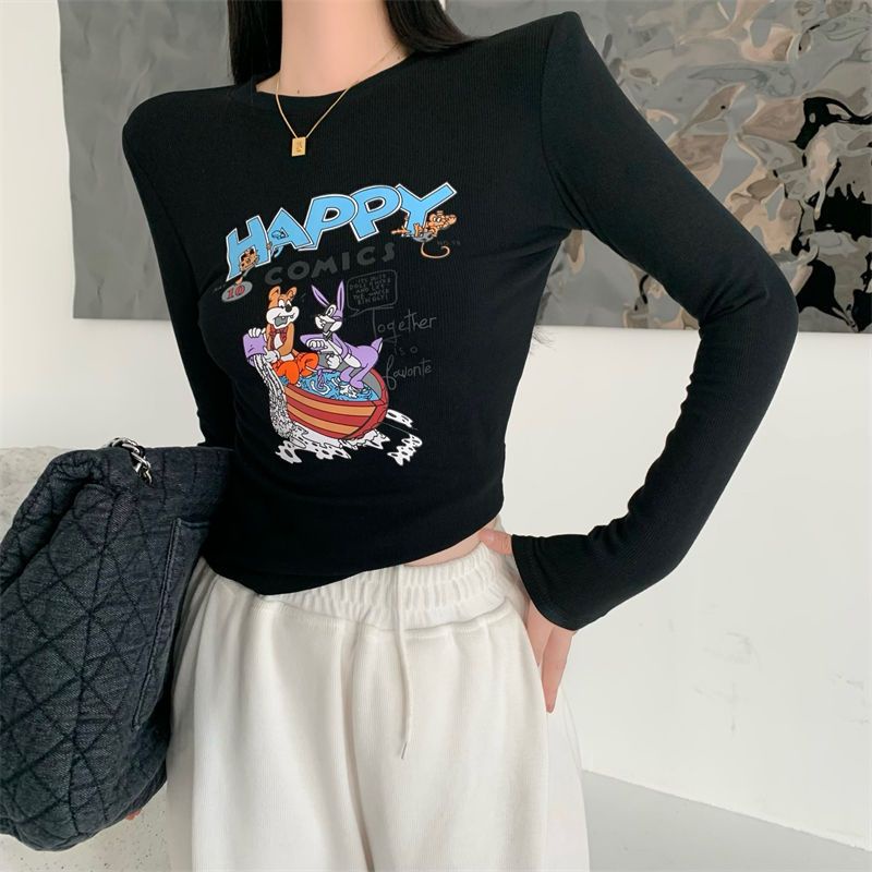 Jiashucheng Áo Thun Ngắn Mỏng Dáng Ôm In Họa Tiết Phong Cách Phương Tây Thời Trang Thu Đông Dễ Phối Đồ Dành Cho Bạn Nữ @ -