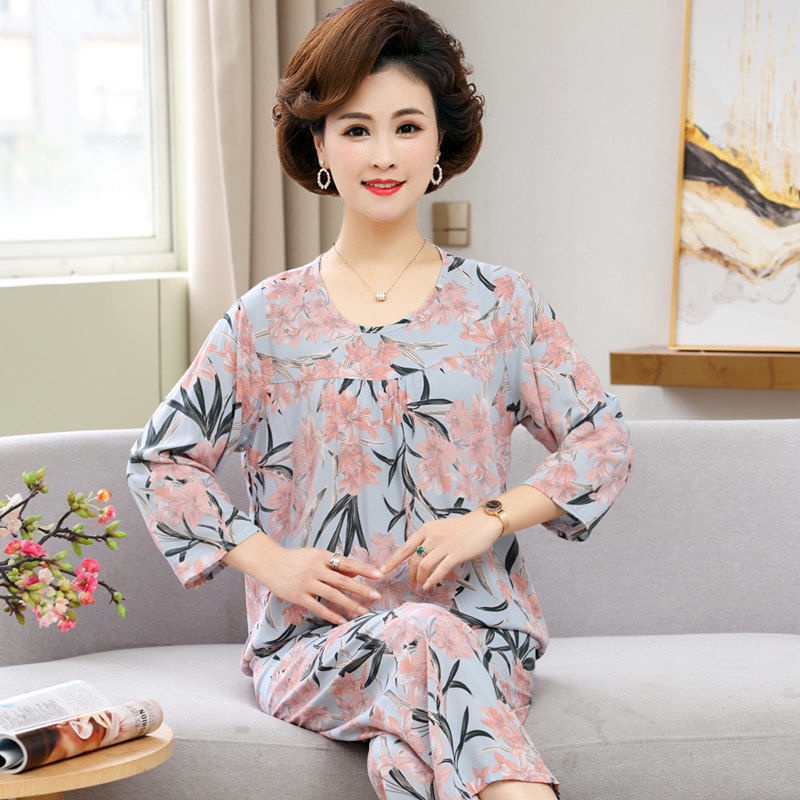 Đồ ngủ trung niên và già của phụ nữ cao tuổi cotton lụa dài tay dịch vụ tại nhà rayon hai mảnh phù hợp với mỏng | BigBuy360 - bigbuy360.vn