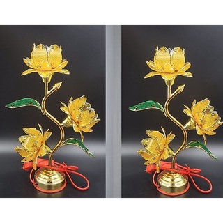 Đèn thờ hoa sen vàng - cánh nhựa chân hợp kim - cao 45cm