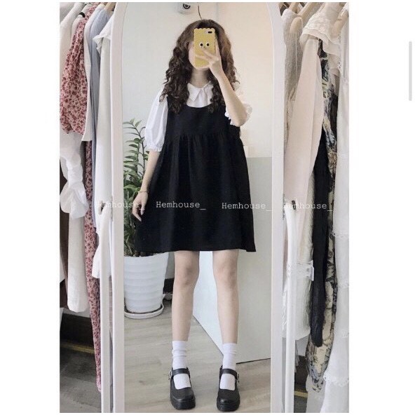 Set Yếm Sơ Mi Tay Lỡ PEONYB Nữ [FREESHIP] 🌸 Bộ đầm 2 dây đen kèm áo trắng bánh bèo tiểu thư Ulzzang HOT 🌸 | BigBuy360 - bigbuy360.vn
