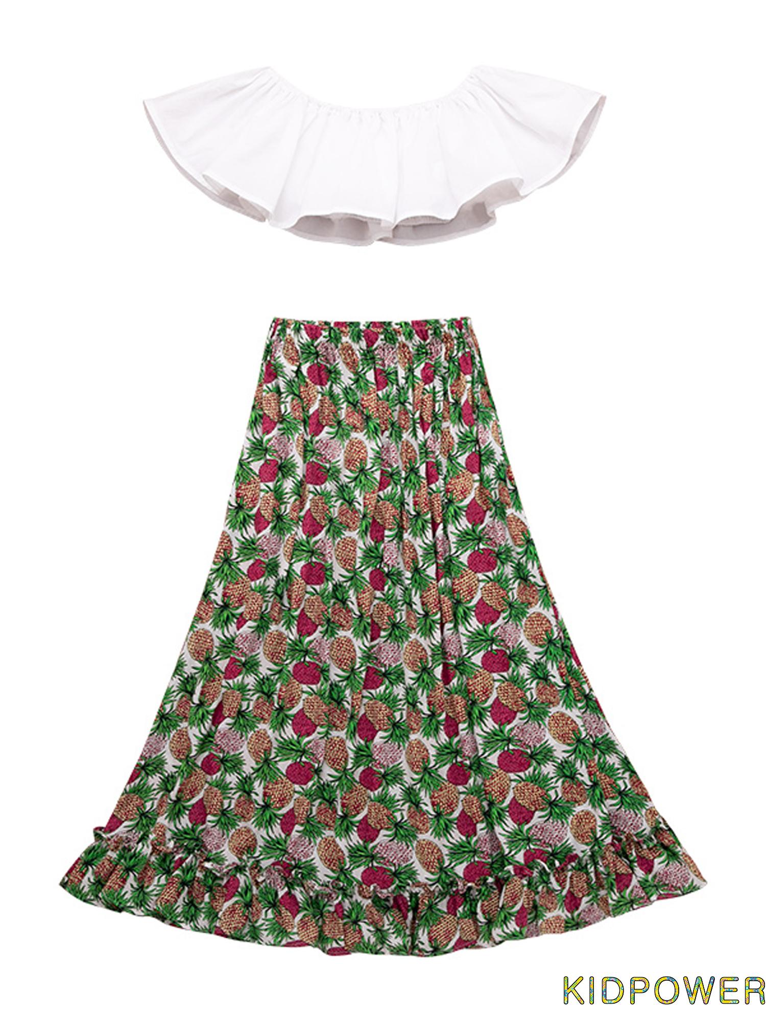 Bộ Áo Croptop 2 Dây Màu Sắc Trơn + Chân Váy In Họa Tiết Quả Dứa Thời Trang Mùa Hè Cho Nữ