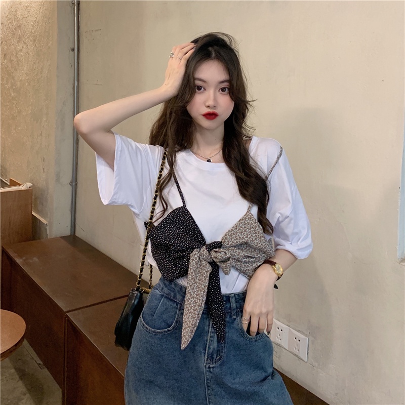 Áo Thun Tay Ngắn Dáng Rộng Phối Nơ Phong Cách Hàn Quốc