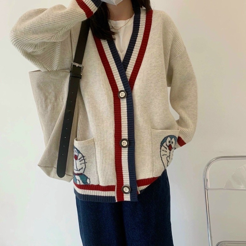 Áo khoác len cardigan viền hoạ tiết doremon siêu xinh