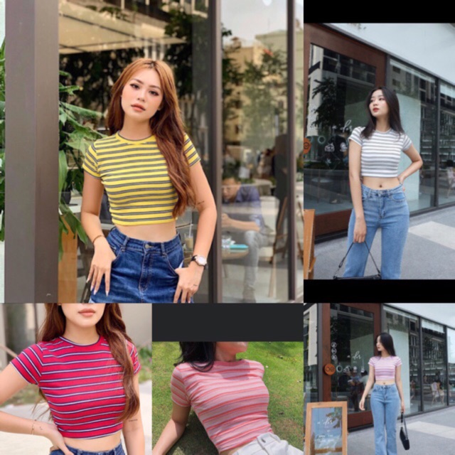 Áo thun gân croptop tay ngắn hình chụp thật 100%