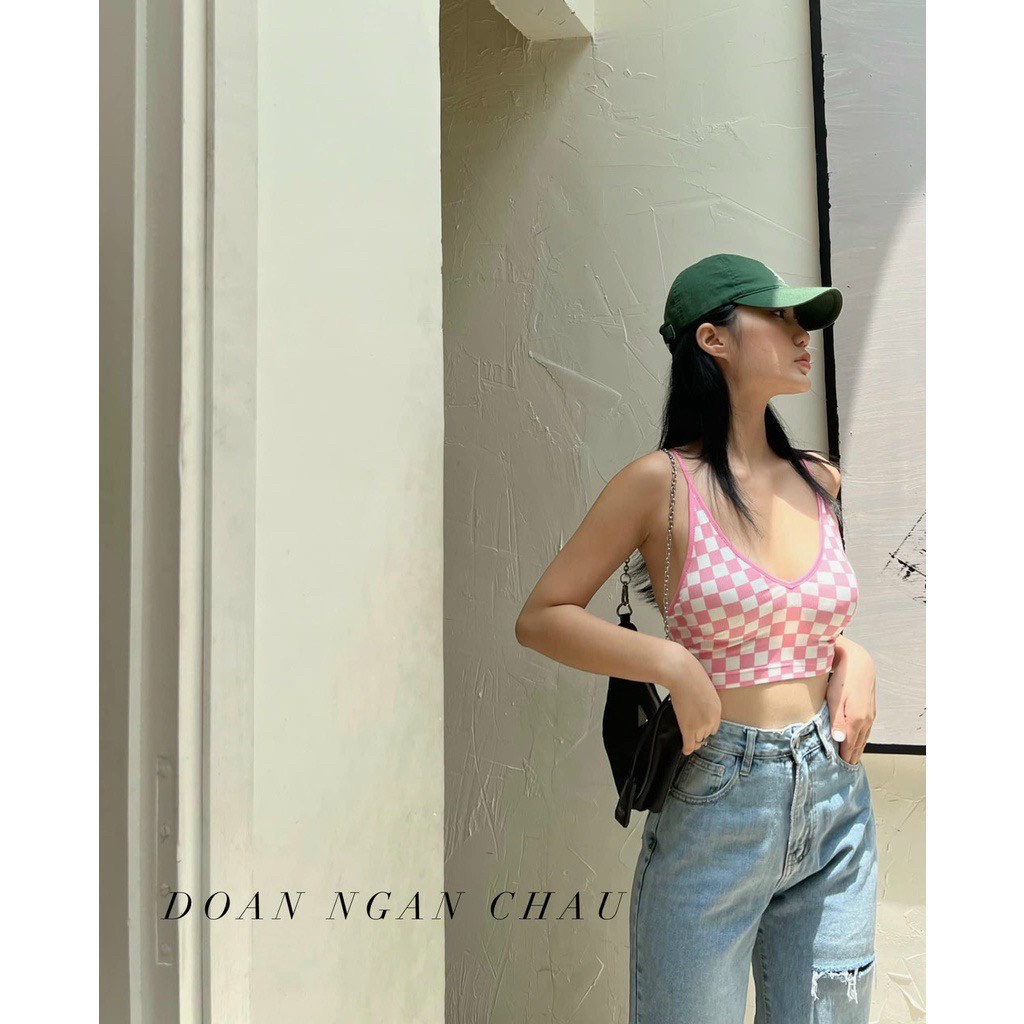 Áo thun 2 dây cổ tim croptop caro xinh chất thun tăm đẹp