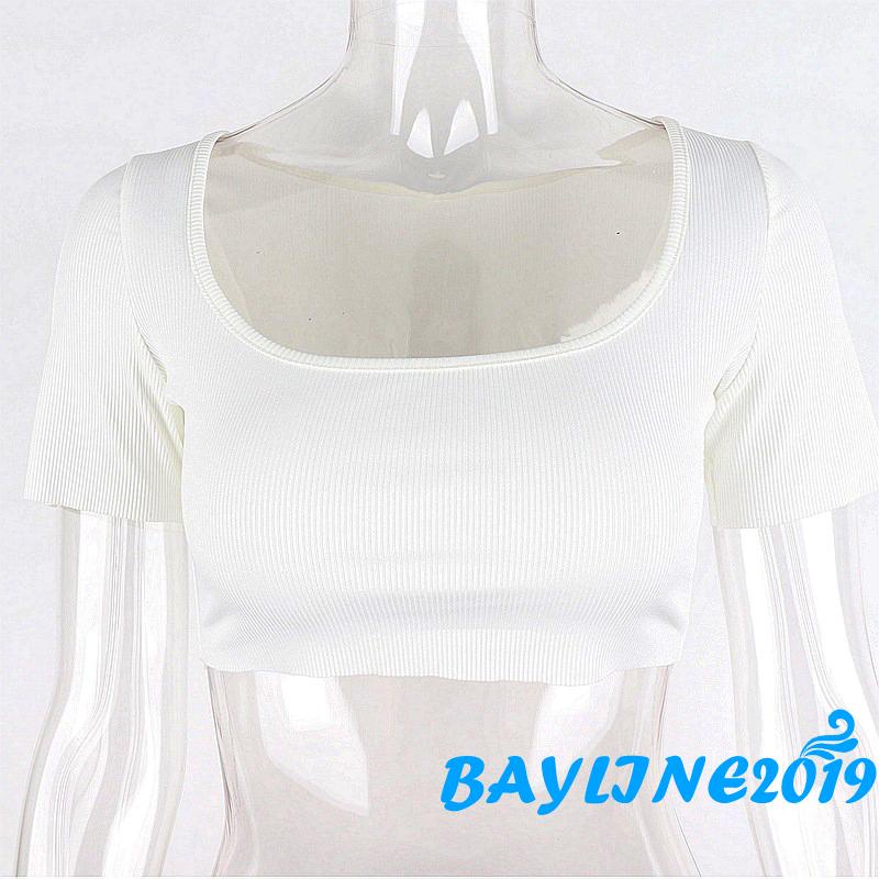 Áo thun gân croptop tay ngắn cổ vuông màu trơn thời trang cho nữ