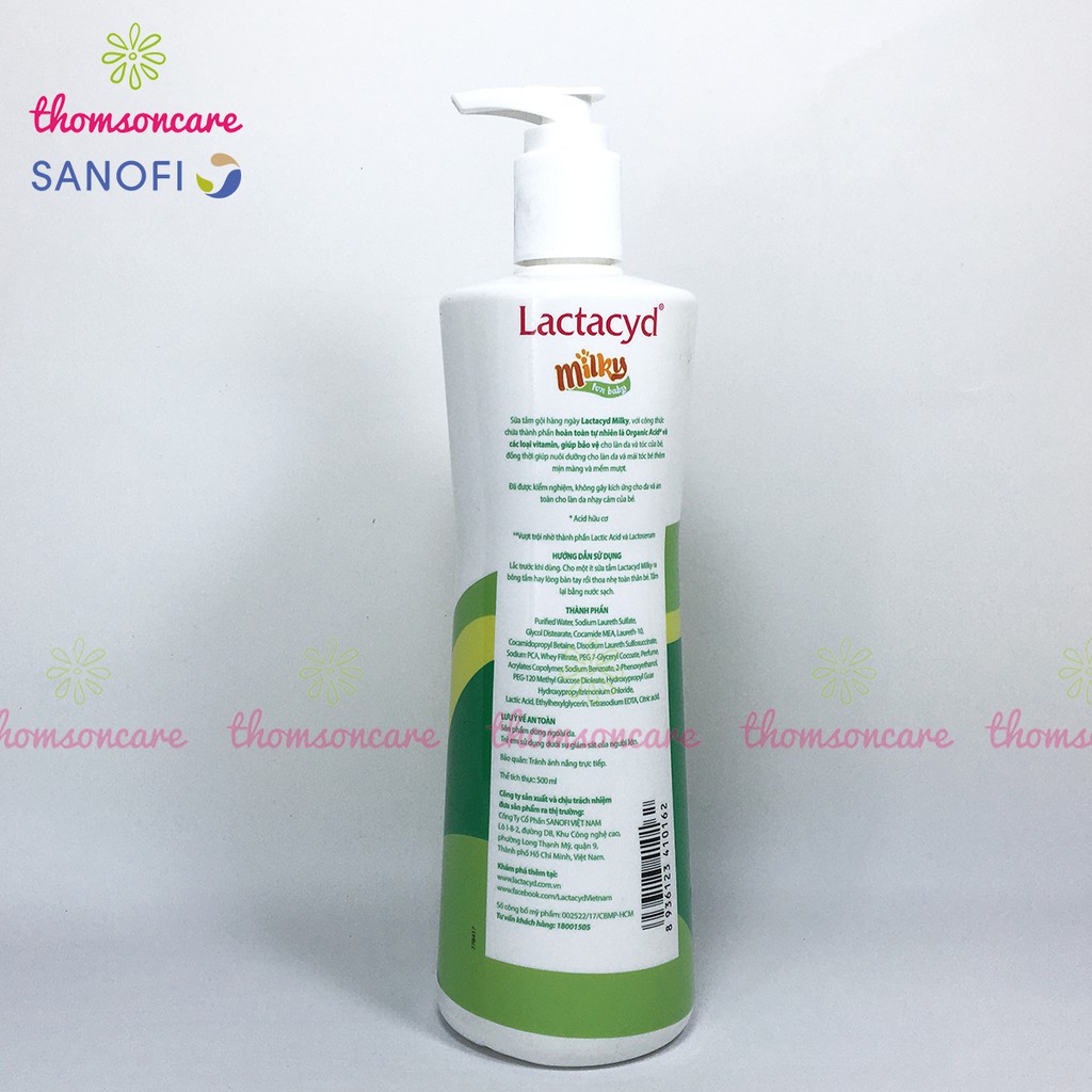 Sữa tắm Lactacyd Milky tắm và gội đầu cho bé từ sơ sinh chai 500ml có vòi tiện lợi, giảm rôm sảy, mẩn ngứa