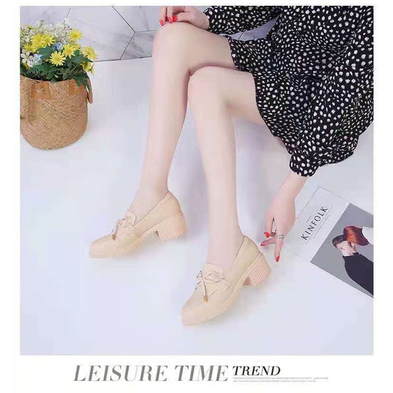 Giày Da Nữ phong cách Nhật Bản đế cao 5P đính nơ