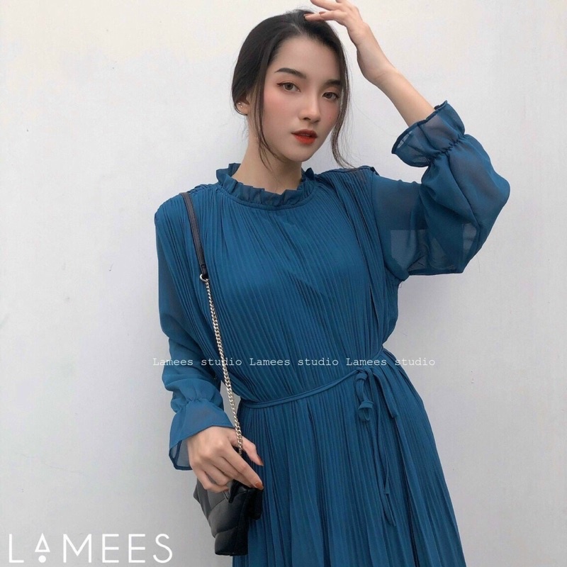 Đầm dập ly dáng suông tay dài cột eo siêu cưng -hình thật.