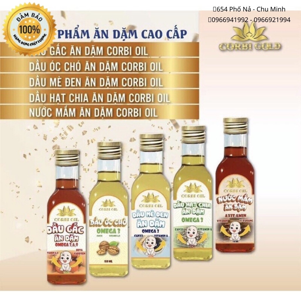 Dầu Ăn dặm CORBI OIL - Dầu Gấc, Mè, Óc Chó, Hạt Chia, Mắm Cho Bé Từ 6 Tháng 150ML Date 2023