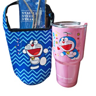 COMBO LY GIỮ NHIỆT DOREMON HỒNG 900ML ĐỦ PHỤ KIỆN
