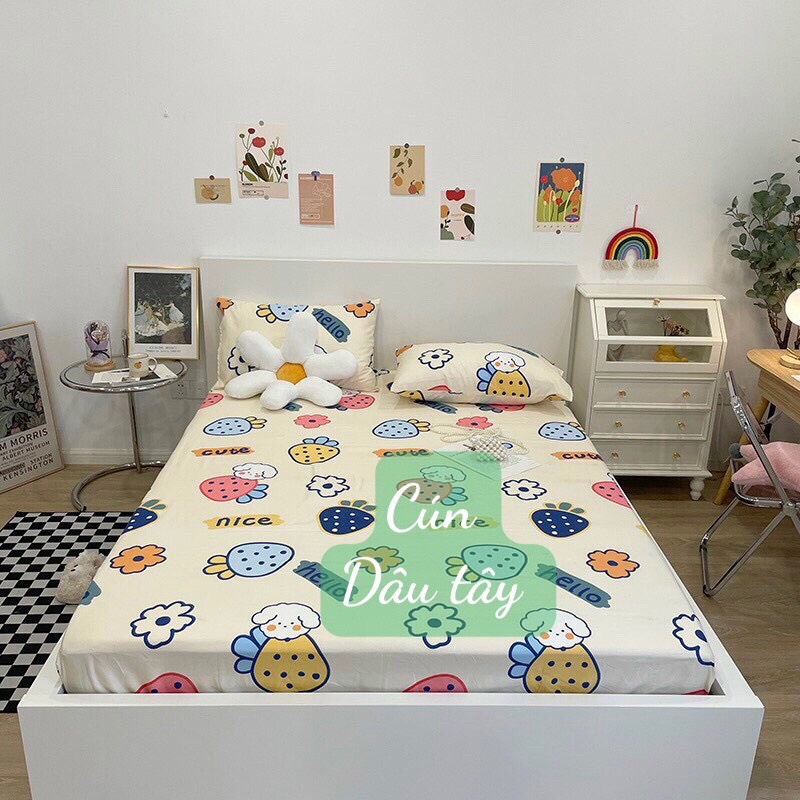 Bộ Ga Gối Cotton Poly Nhập Khẩu,Đủ kích thước,có chọn mẫu-mẫu cún dâu tây