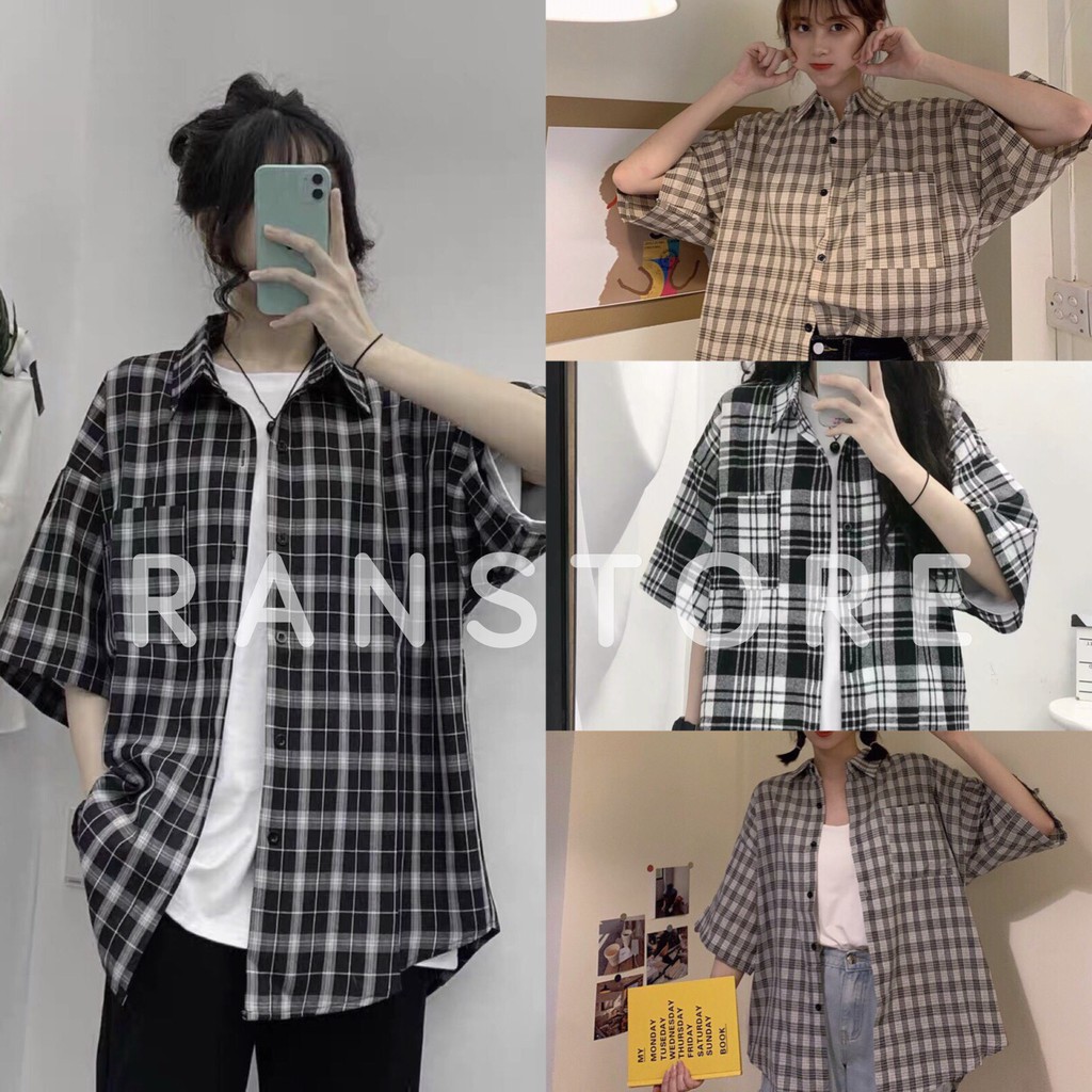 Áo sơ mi nam nữ kẻ cộc tay phối cổ bẻ dáng rộng unisex phong cách hàn quốc_ranstore | BigBuy360 - bigbuy360.vn