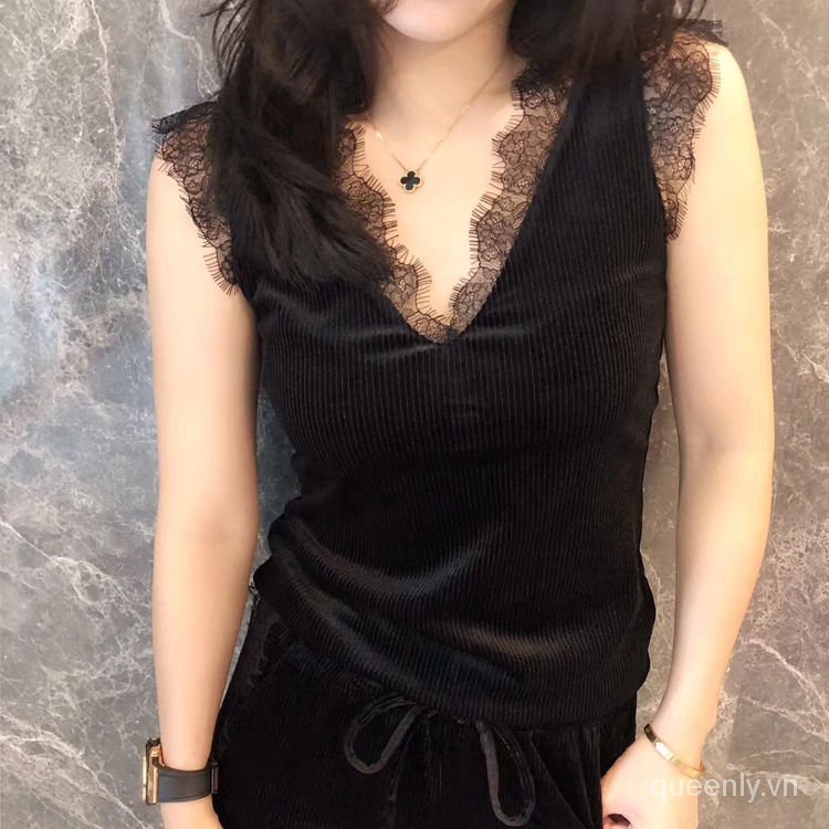 Áo hai dây vải nhung phối ren dáng ôm hở lưng thời trang mùa thu cho nữ 2021 | BigBuy360 - bigbuy360.vn