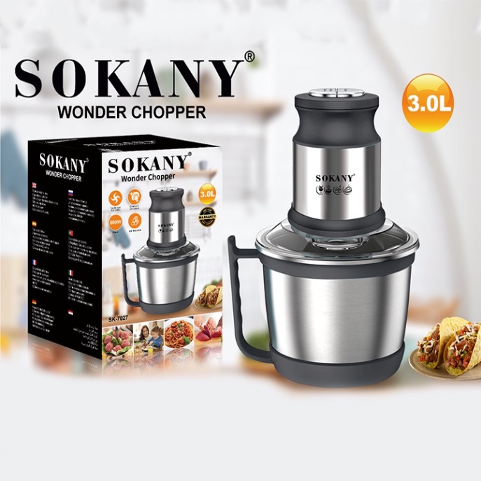 Máy Xay Thịt Công Suất Lớn 800W Xay Tỏi Ớt SOKANY INOX 3L