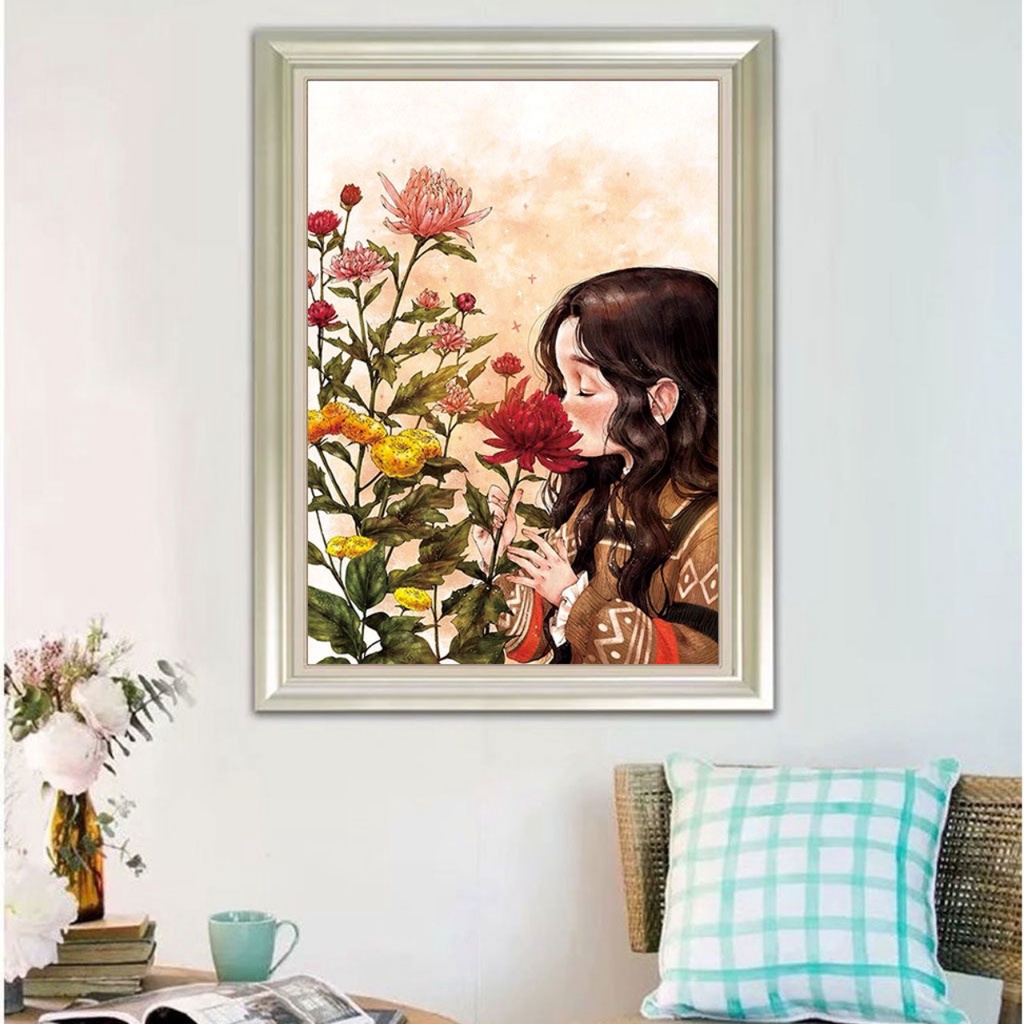 TRANH THÊU CHỮ THẬP CÔ BÉ ĐÁNG YÊU CÙNG HOA DX1042 (53X72) CM