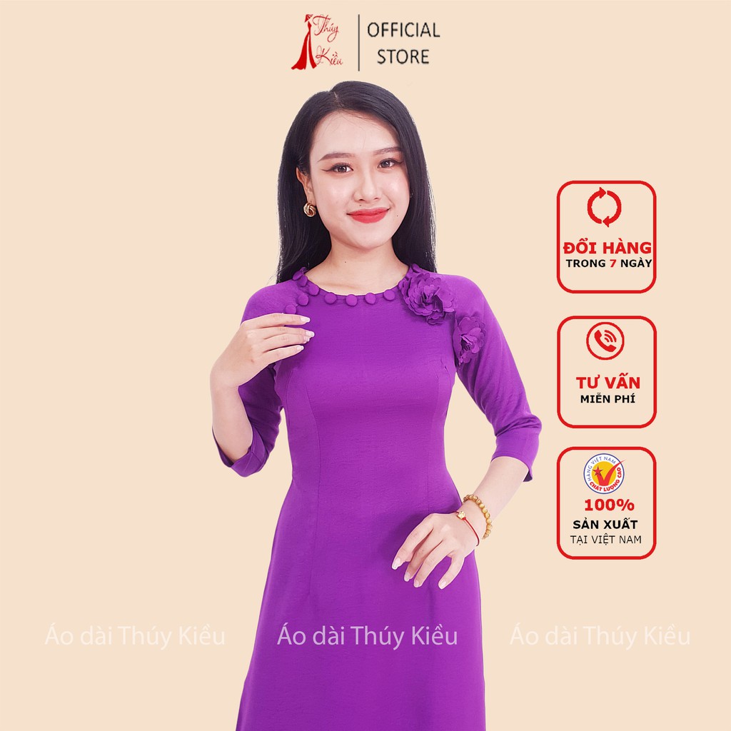 Áo dài lụa Tây Thi trơn màu tím huế cổ đính khuy bọc đính hoa AT34