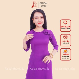 Áo dài lụa Tây Thi trơn màu tím huế cổ đính khuy bọc đính hoa AT34