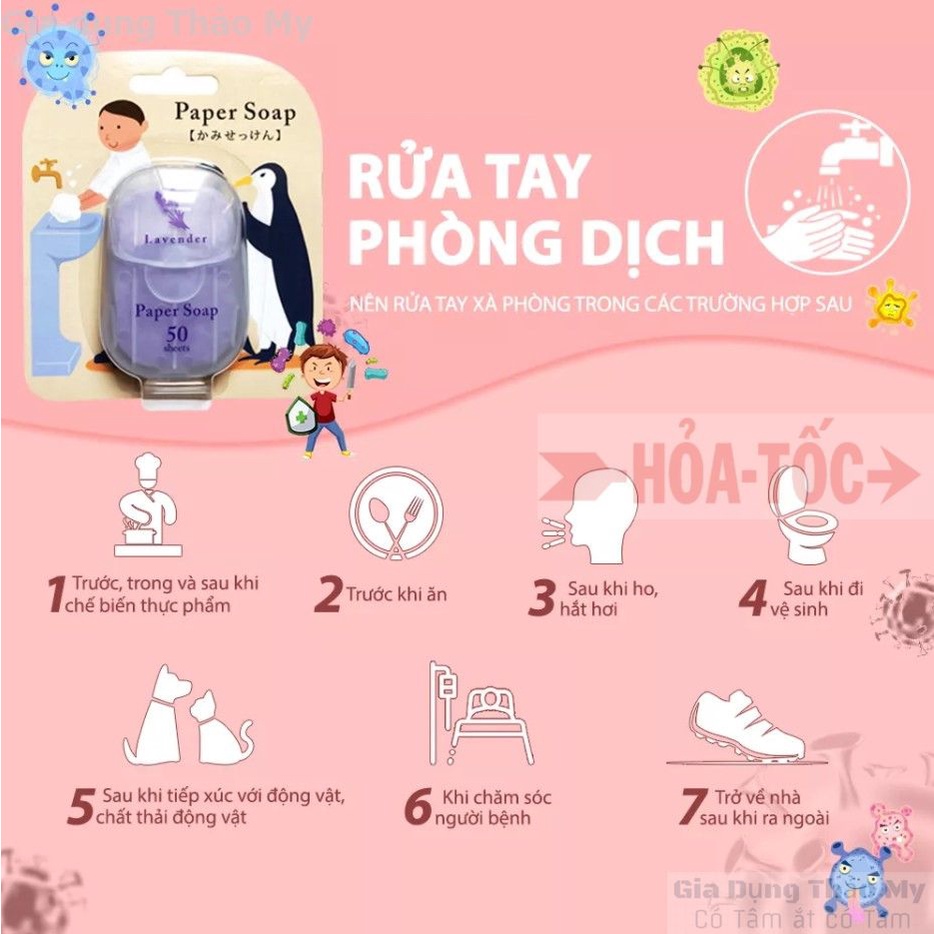 Xà Phòng Giấy - Rửa Tay, Bỏ Túi Mang Đi Du Lịch, Công Tác, Dã Ngoại - Hộp 50 Miếng