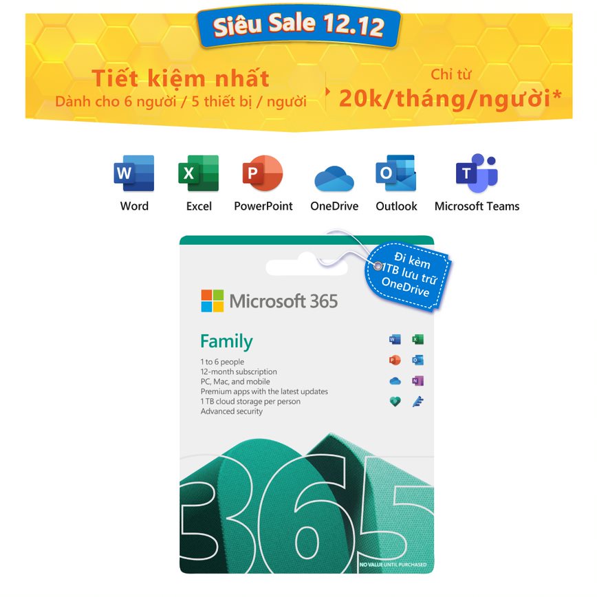 Phần mềm Microsoft 365 Family | 12 tháng | Dành cho 6 người Trọn bộ ứng dụng Office