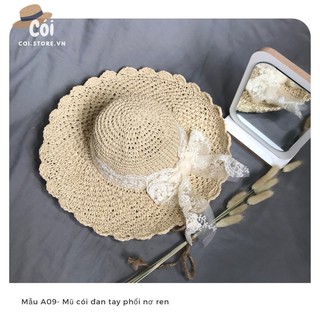Mũ cói đi biển, nón cói du lịch chụp ảnh phối nơ ren, phong cách tiểu thư điệu đà, đan tay chất mềm mã A09
