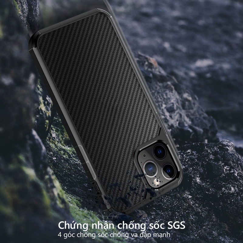 Ốp lưng IPAKY iPhone 12 / Mini / 12 Pro / Max, Viền TPU, Chống sốc,  Mặt lưng vân Carbon trong