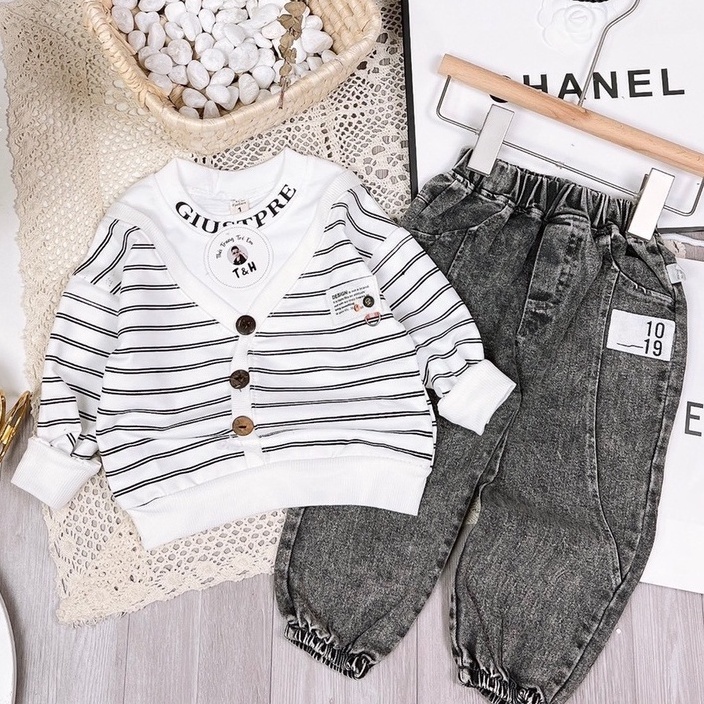 Đồ bộ bé trai, Set thu đông 2022 gồm áo tay dài nỉ sweater kẻ ngang và quần jeans dài cho bé từ 7 - 18 kg, DUCK 392