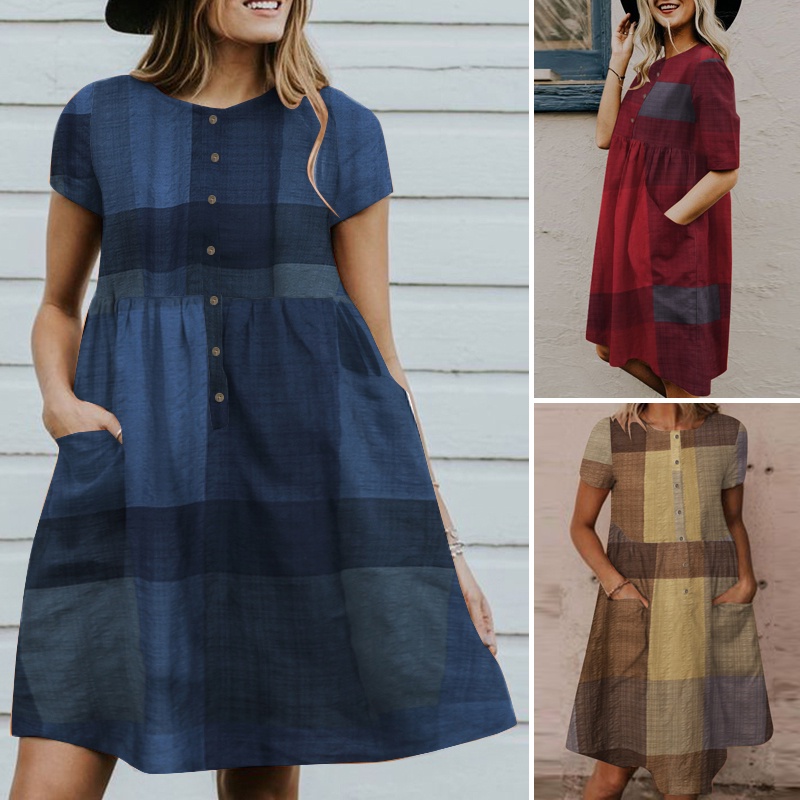 Đầm Zanzea nhỏ tay ngắn cổ tròn họa tiết caro phong cách Châu Âu retro dành cho nữ