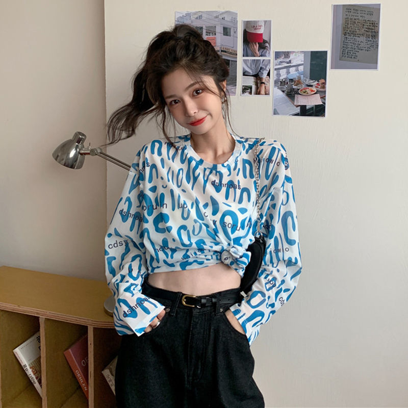 Áo thun tay dài dáng rộng họa tiết da báo cá tính cho nữ