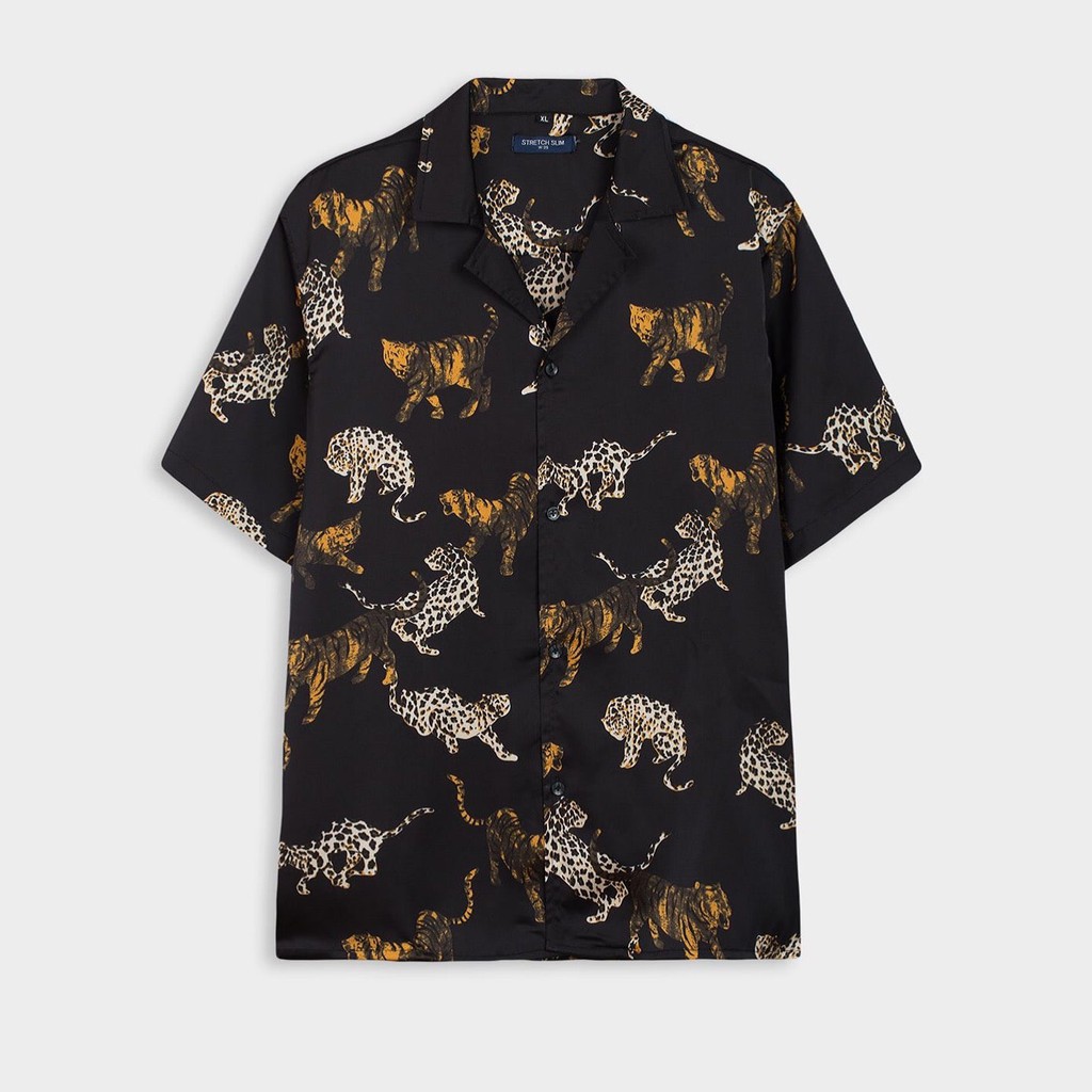 Áo sơ mi nam đen họa tiết BÁO vải lụa thoáng mát, thấm hút, không nhăn, form RỘNG