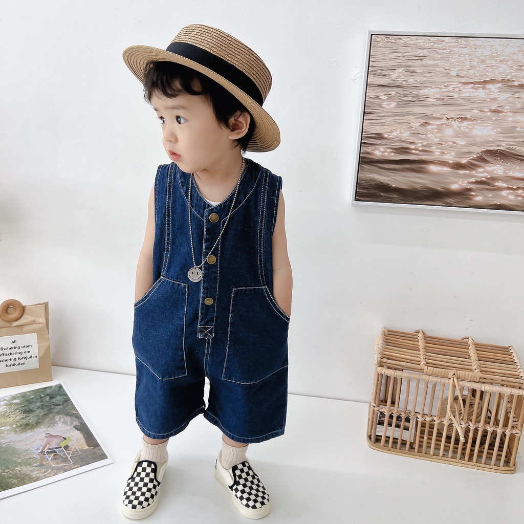 Áo Liền Quần Không Tay Chất Liệu Denim Mềm Mại Thời Trang Mùa Hè 2022 Cho Bé 1-5 Tuổi