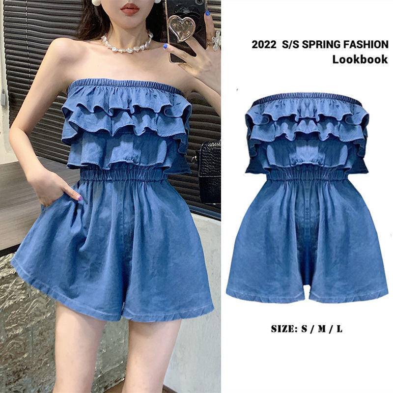 Áo Liền Quần Ống Rộng Vải Bò Một Bên Vai Quần Soóc Nữ Áo Liền Quần Ống Rộng Mỏng Khoe Eo Cao