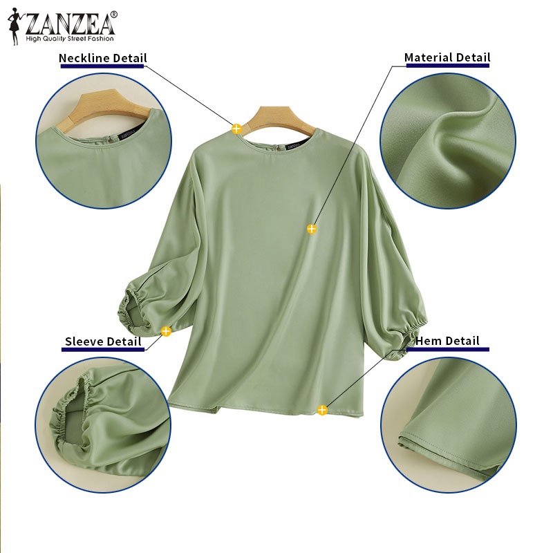Áo kiểu ZANZEA vải satin tay 3/ 4 cổ tròn cài nút sau lưng thời trang cho nữ