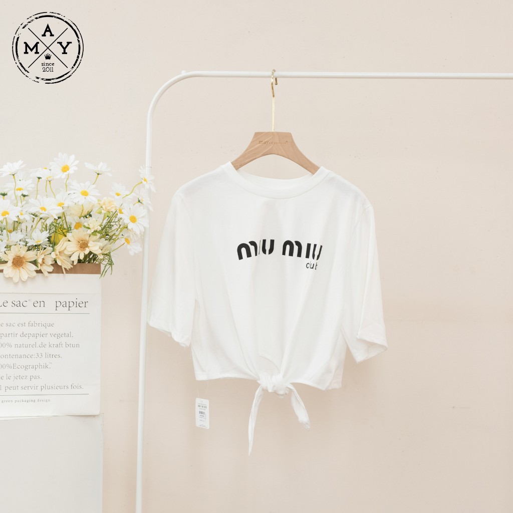 Áo Phông Croptop Nữ Tay Ngắn MAY.SINCE2011 Họa Tiết Chữ Miu Miu Chất Liệu Cotton Thoáng Mát Cho Nữ MAH05-0341