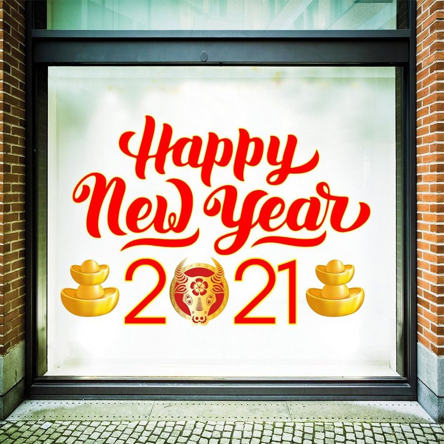 Decal chúc Tết 2021 - happy new year có keo sẵn dán được trên tường và kính