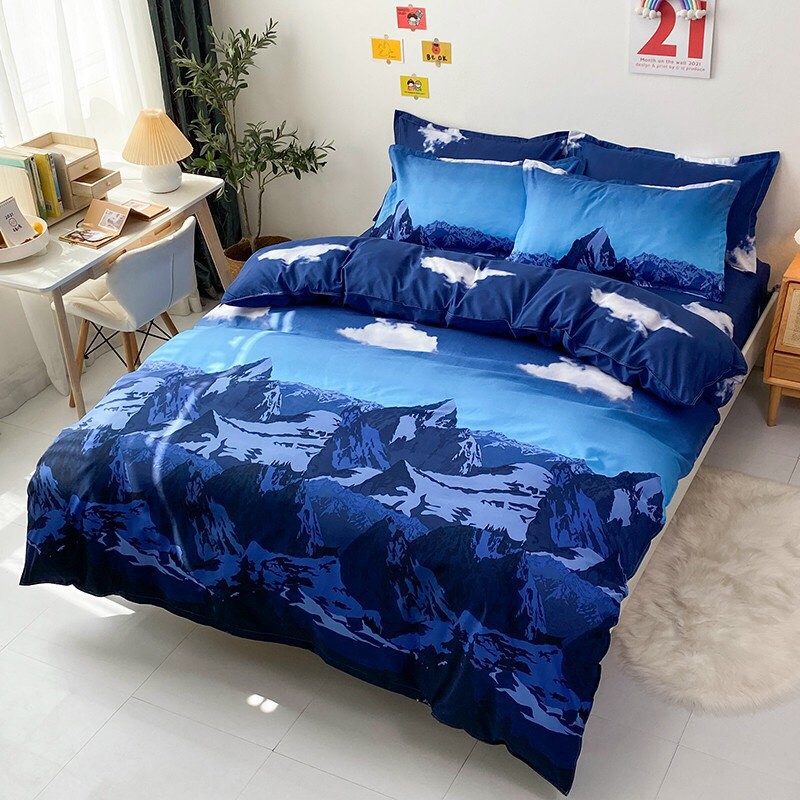 Bộ chăn ga gối , drap giường chất cotton poly họa tiết mây trắng nền xanh đậm