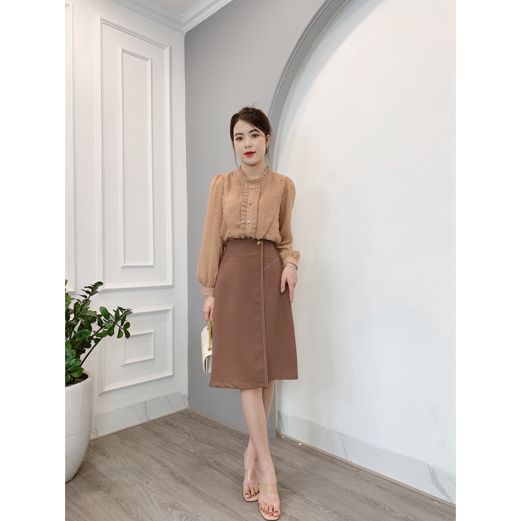 Chân Váy Ôm A Trần Chỉ Nổi 1 Khuy Đồng Min House