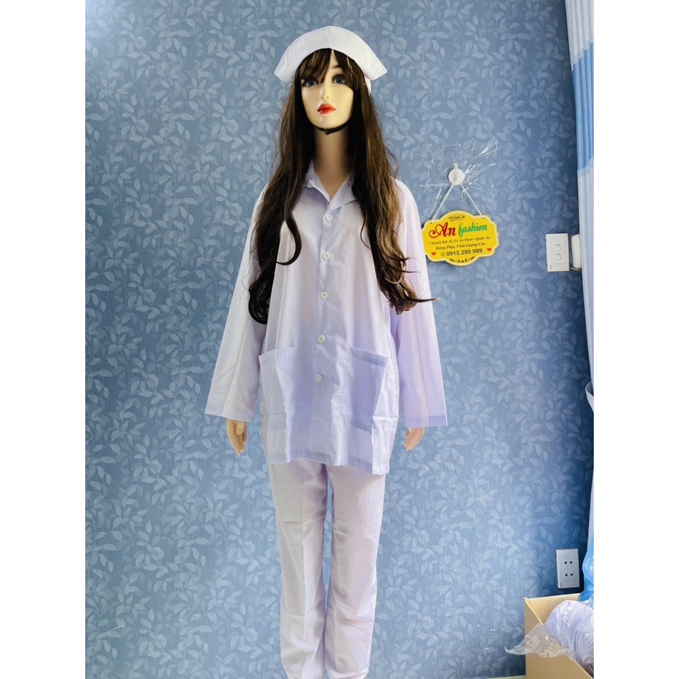 Combo cả bộ Áo Quần Mũ Blouse Trắng Điều Dưỡng, Áo Bác Sĩ, Dược Sĩ tay dài, chấm mông _ Hình chụp thật