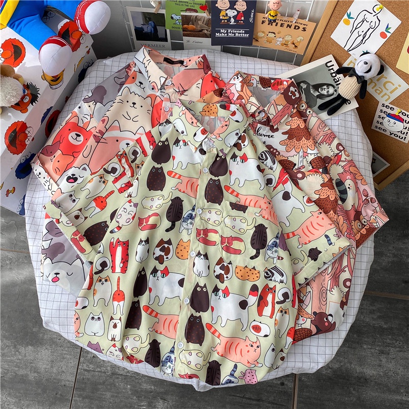 Men's Classic Slim Shirt For Summer 2021. Short Sleeve Cartoon Korean Style Couple Shirt Size M-3XL