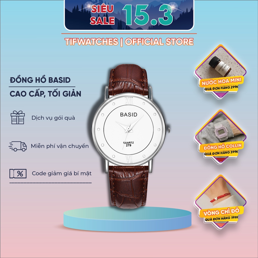 Đồng hồ cặp nam nữ dây da cá sấu BASID ĐÍNH ĐÁ nâu mặt trắng đồng hồ đôi chính hãng Watchesbytif size 30mm & size 38mm | BigBuy360 - bigbuy360.vn