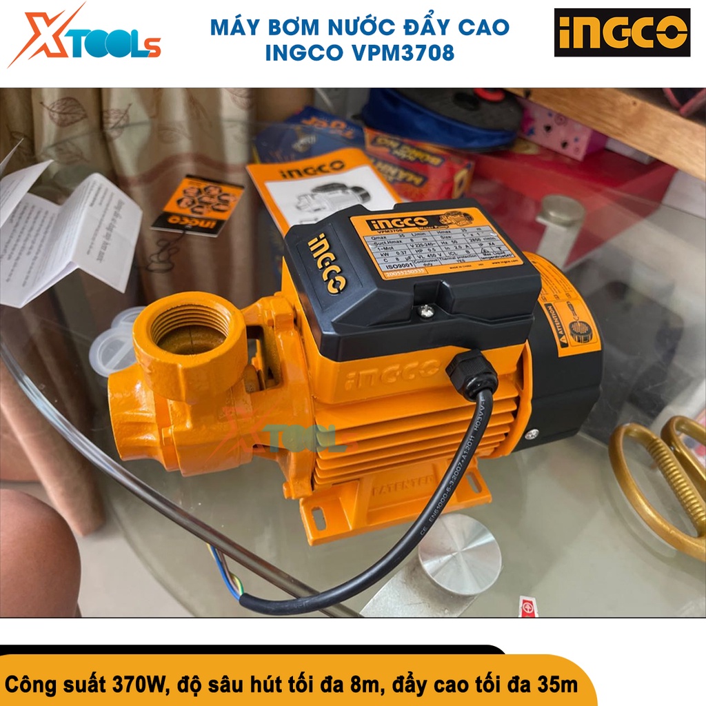 Máy bơm nước INGCO, máy bơm đẩy cao từ 0.5HP - 1HP, mô tơ dây đồng 100%, bơm nước gia đình, bơm nước tưới cây - VPM3708