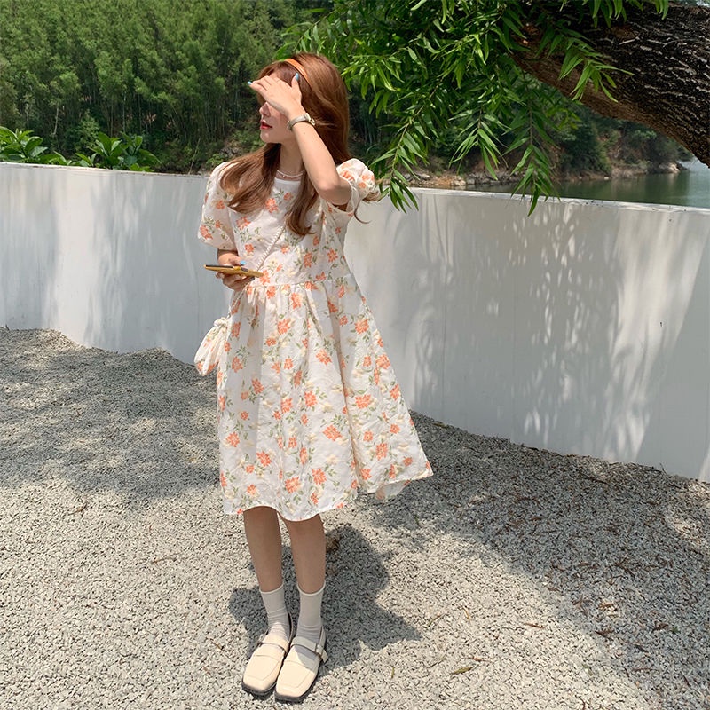 Đầm Hoa Tay Ngắn Phối Dây Rút Phong Cách Hàn Quốc Thời Trang